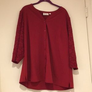 Denim & Co. Button Front 3/4 Lace Sleeve Blouse